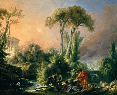 Paisaje fluvial con templo antiguo de François Boucher